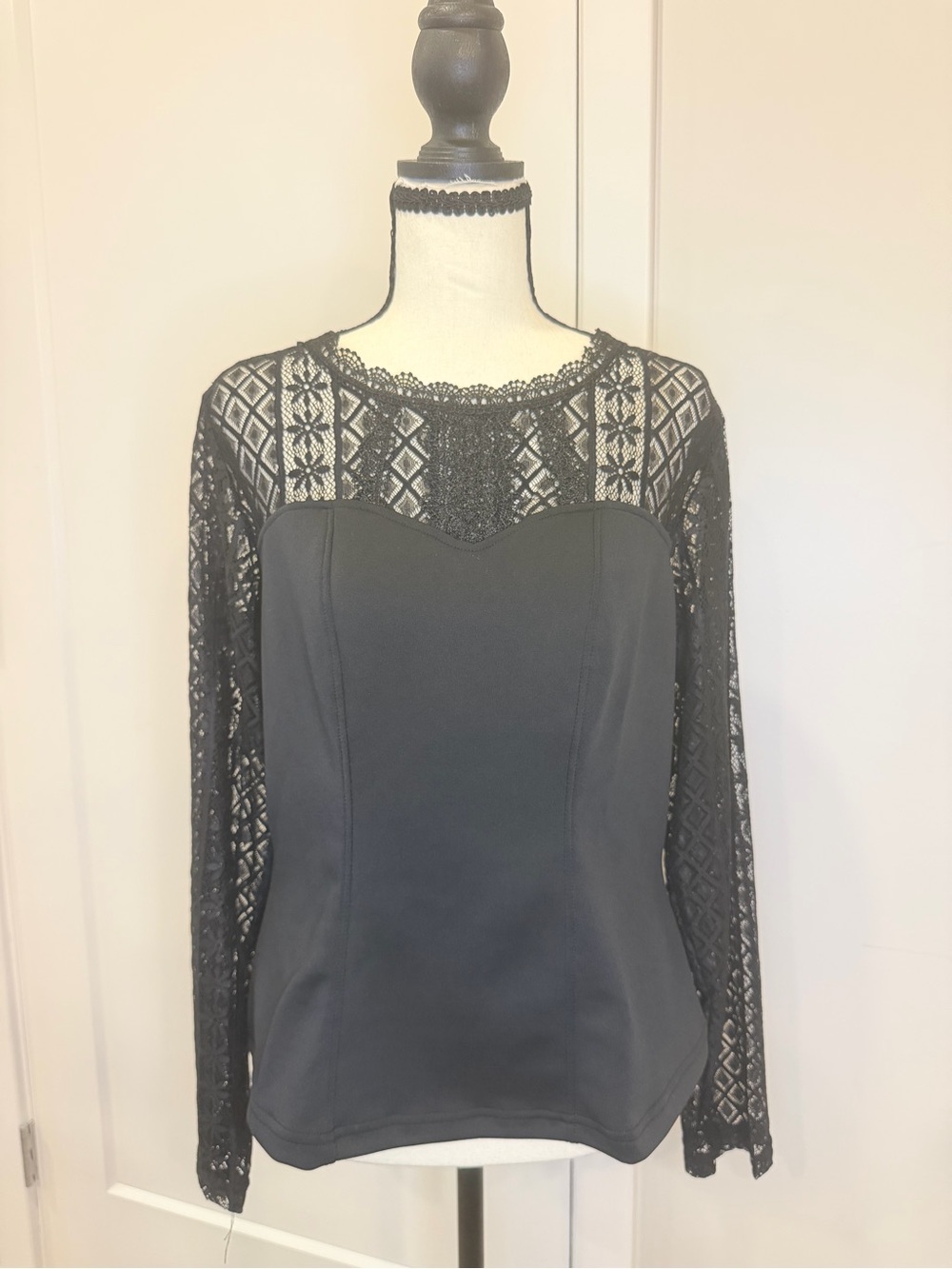 Ashley Stewart Black Lace-Yoke Long Sleeve Top